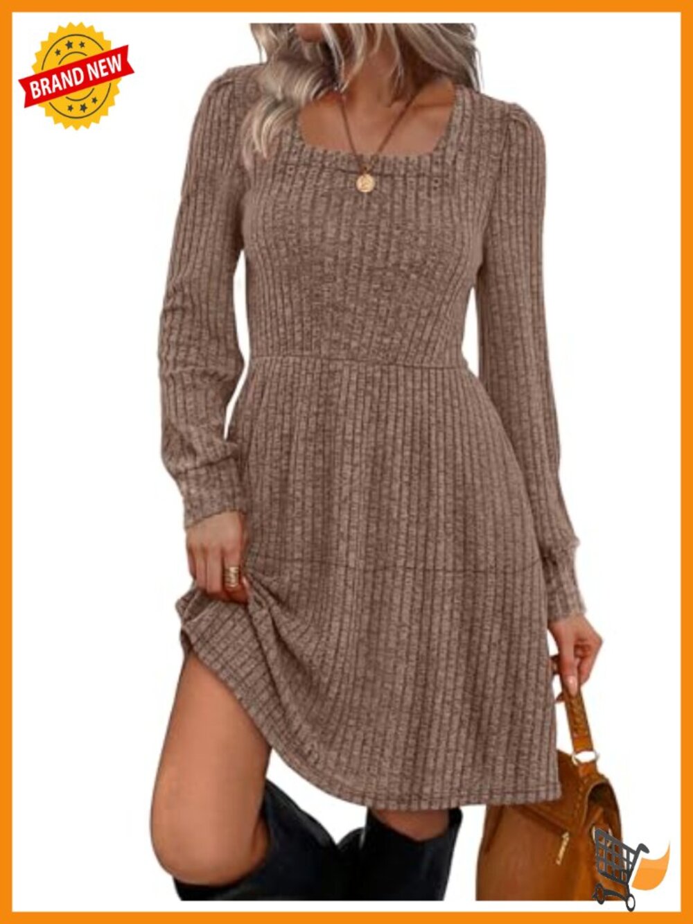 Square Neck Babydoll Sweater Dress with Lantern Sleeves
